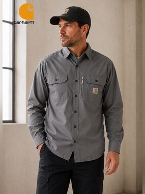 Carhartt Rugged Flex Work Shirt Gray Ripstop Button Front Men’s Large LS Regular